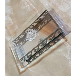 Vintage Studio Silversmiths Mirrored With Crystal Rose Handle Beveled Glass Lid